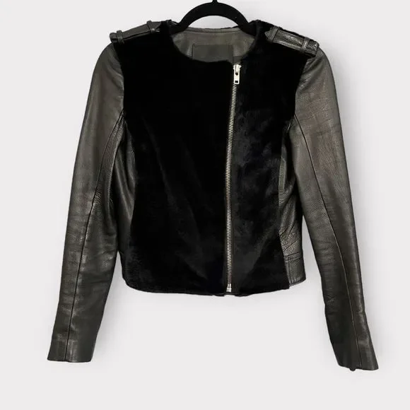 ALC Sadie Leather & Fur Jacket 0 Black Womens Moto Motorcycle Biker A.L.C. - Picture 7 of 9